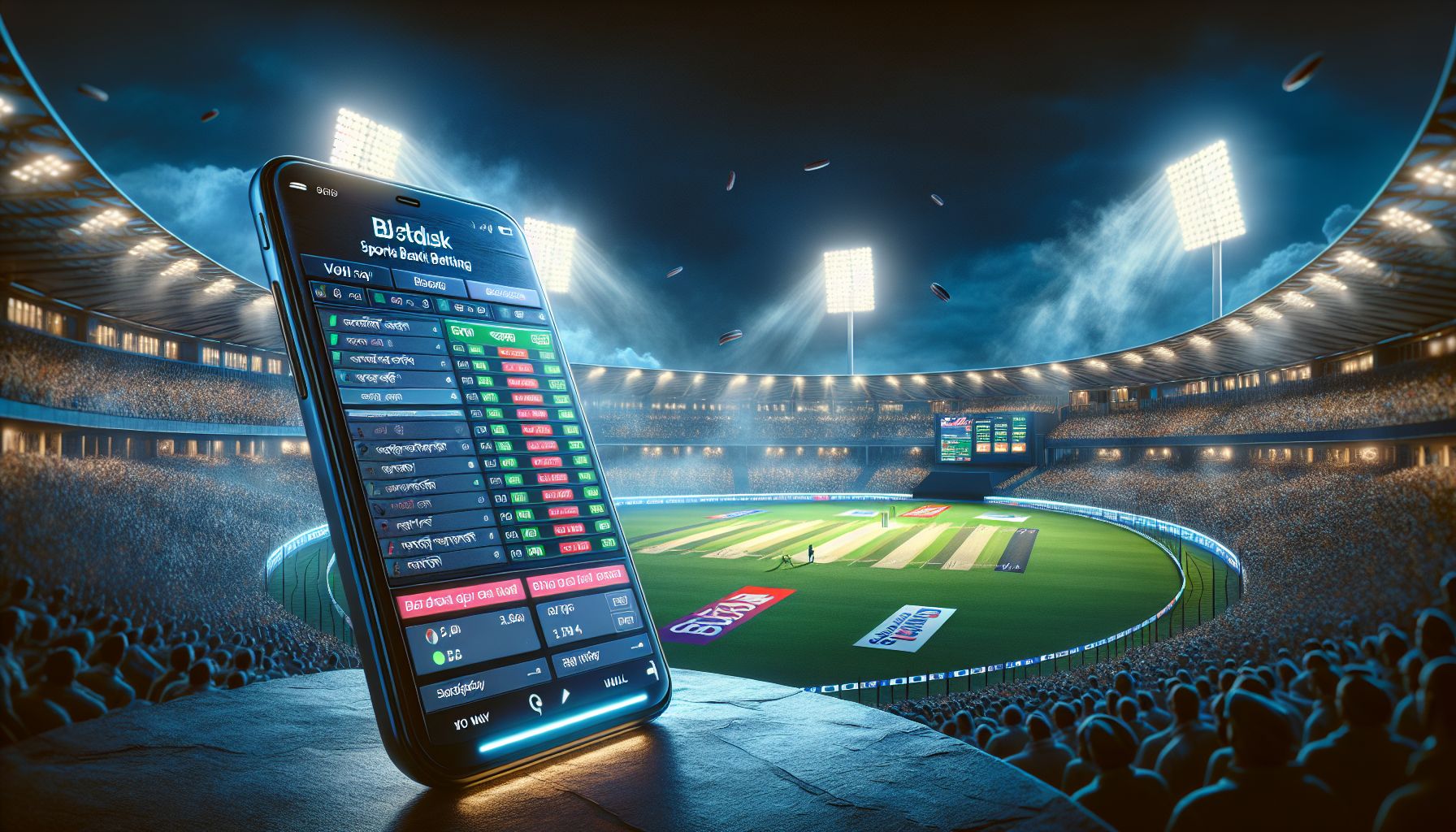 Bangladeshi sports fan tracking live cricket odds on mobile during a floodlit stadium match