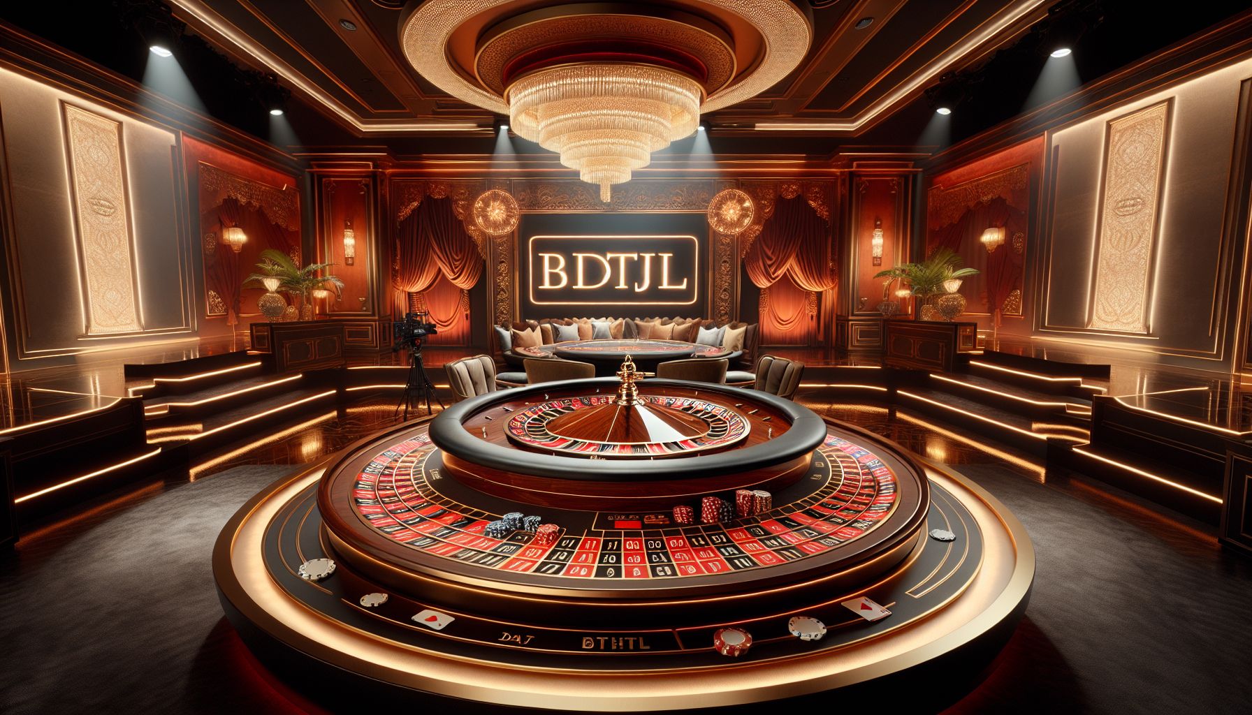 Premium live casino setup with cards, roulette wheel, and polished studio lighting