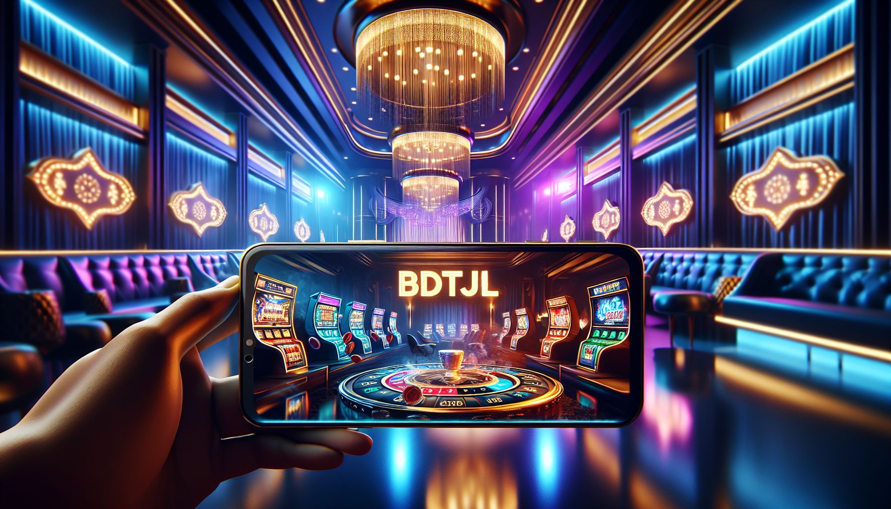 Bangladesh player using a glowing mobile screen with colorful casino visuals and a bold BDTJL sign in a stylish night setting