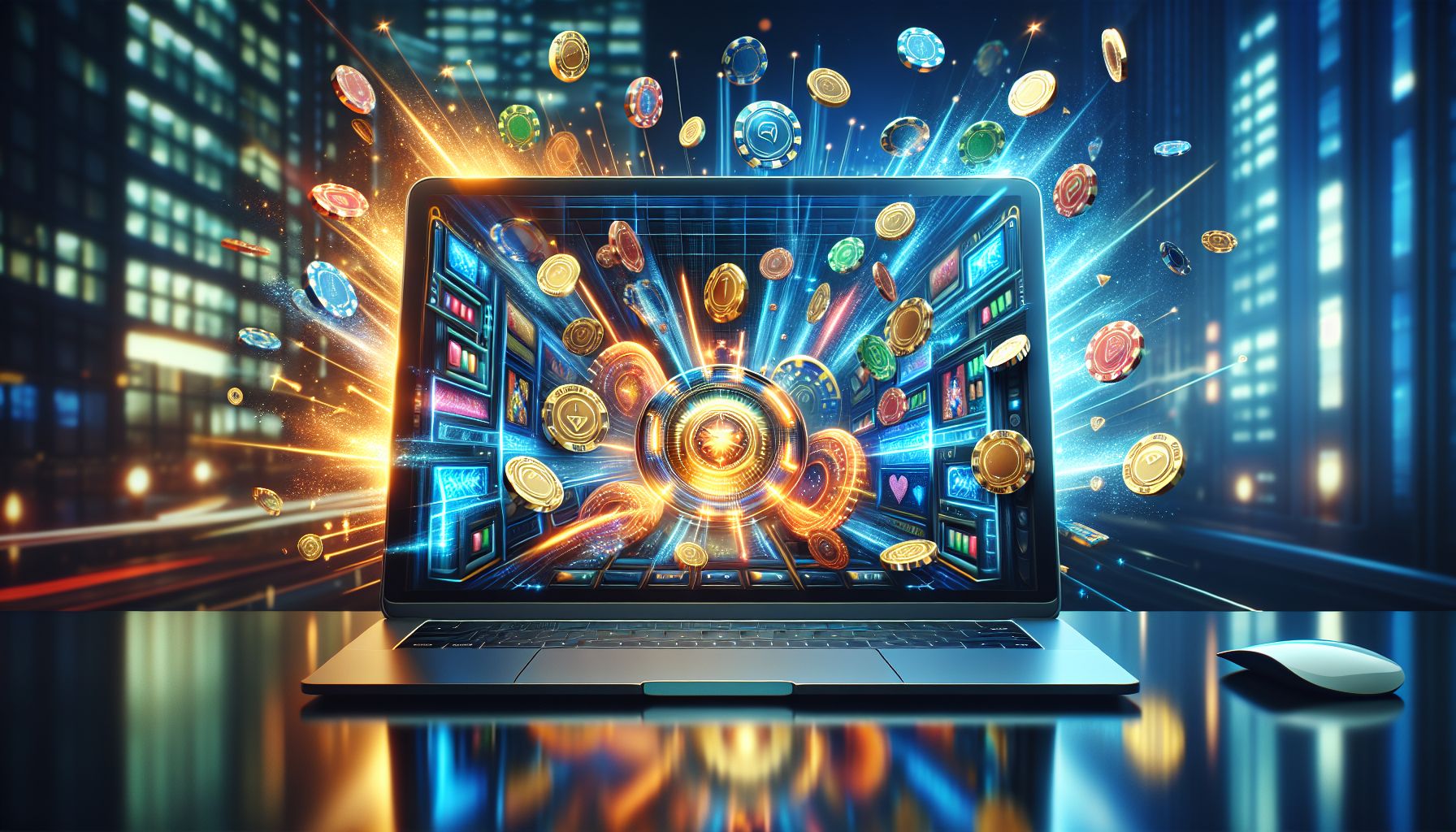 Laptop displaying vibrant casino icons, coins and game tiles with energetic lighting that reflects the fast style of BDTJL in Bangladesh