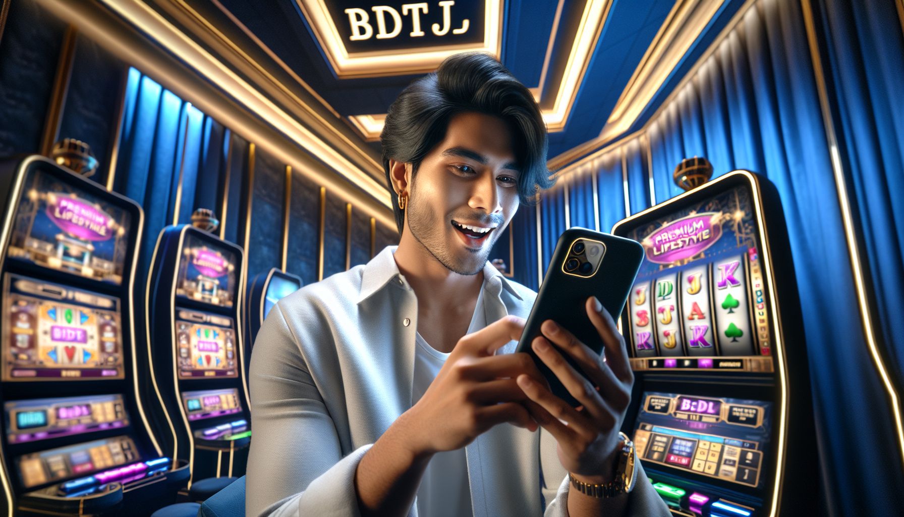 Excited Bangladeshi player using a smartphone with colorful BDTJL slot reels glowing on screen in a modern gaming setting